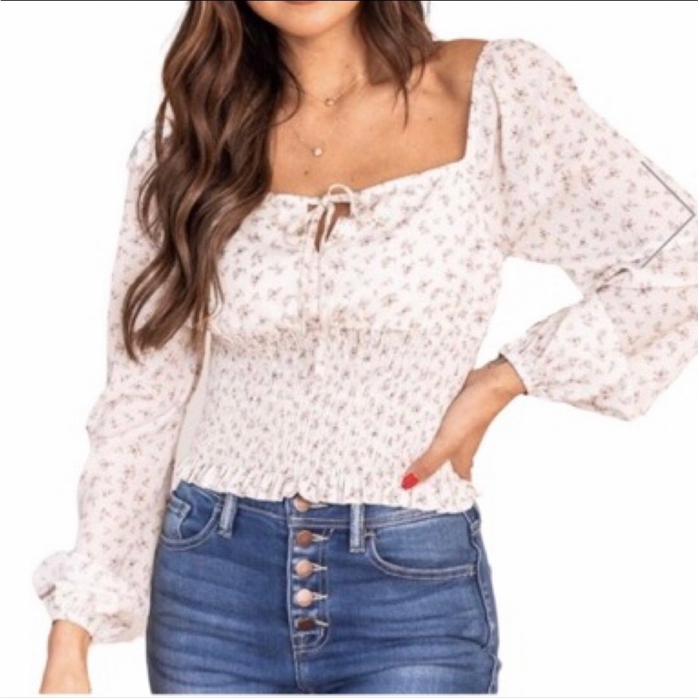 Paper Crane- Pink Lily- Ivory Smocked Floral Blouse